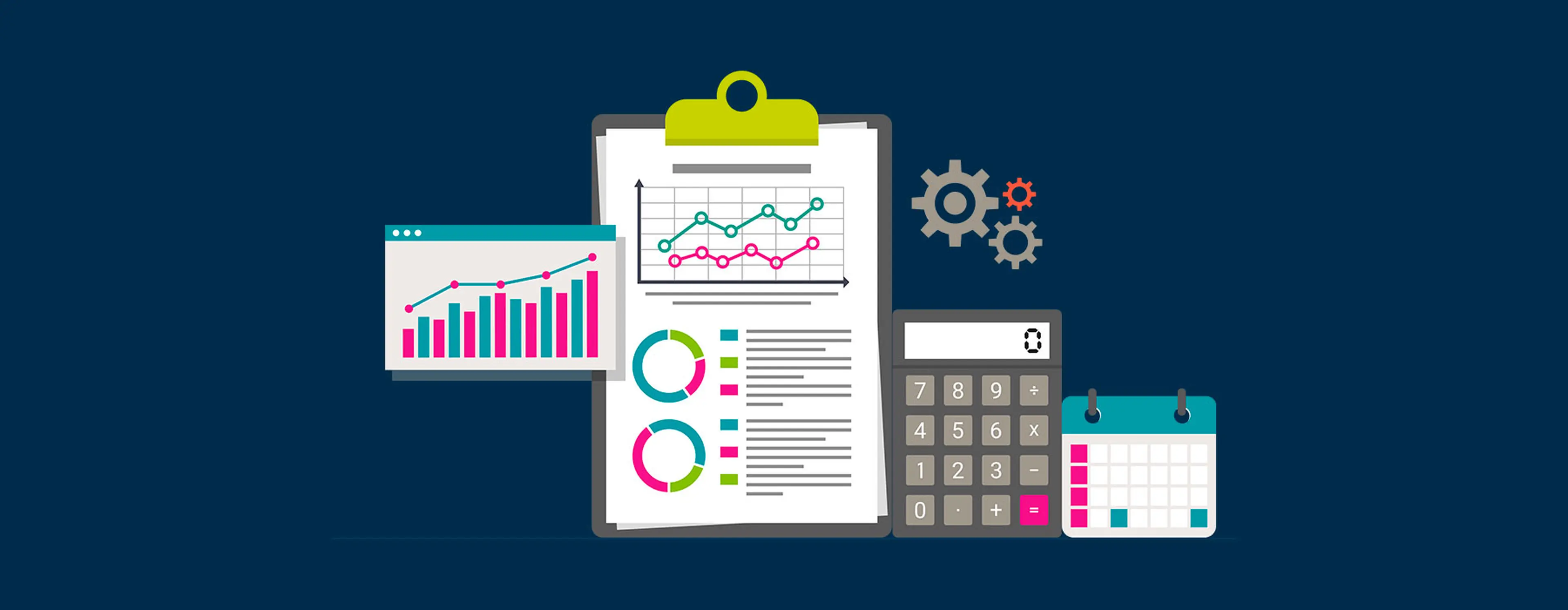 Illustration of financial data analysis with clipboard charts, gears, calculator, and calendar on a dark background.