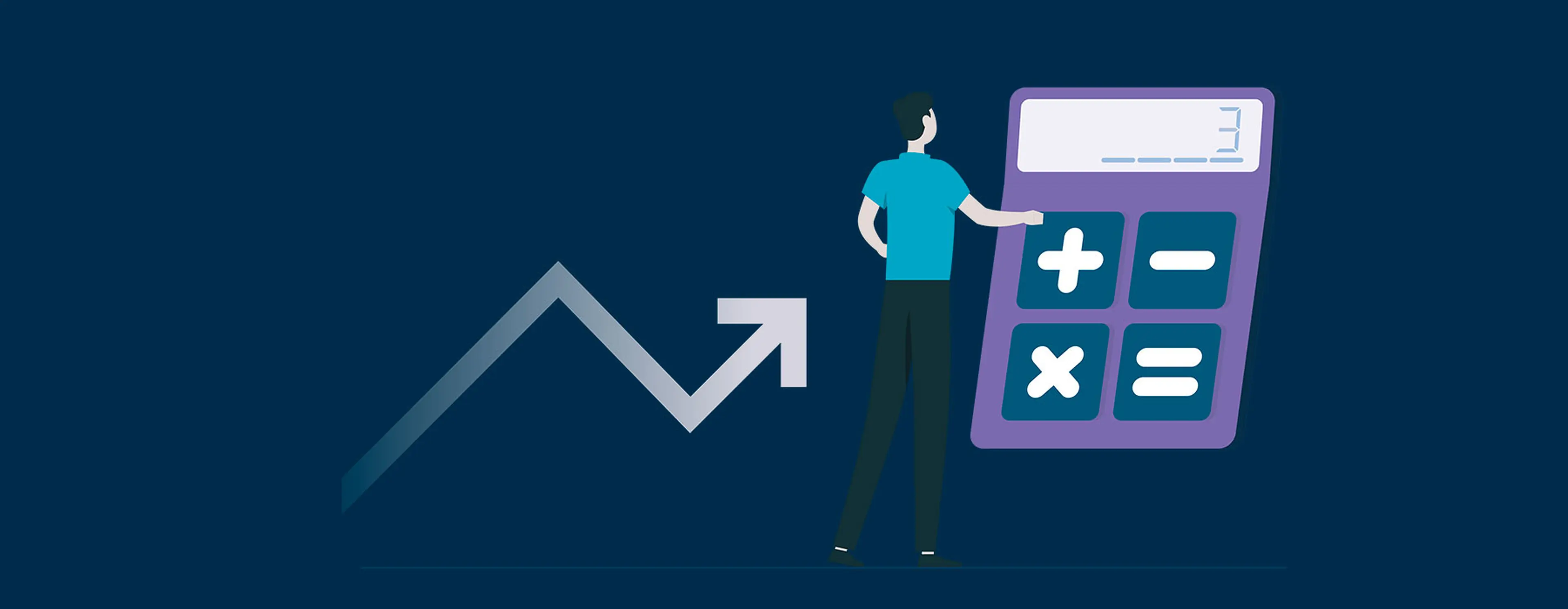 Illustration of a person standing beside a large purple calculator with a display showing the number 3, next to an upward trending arrow on a blue background.