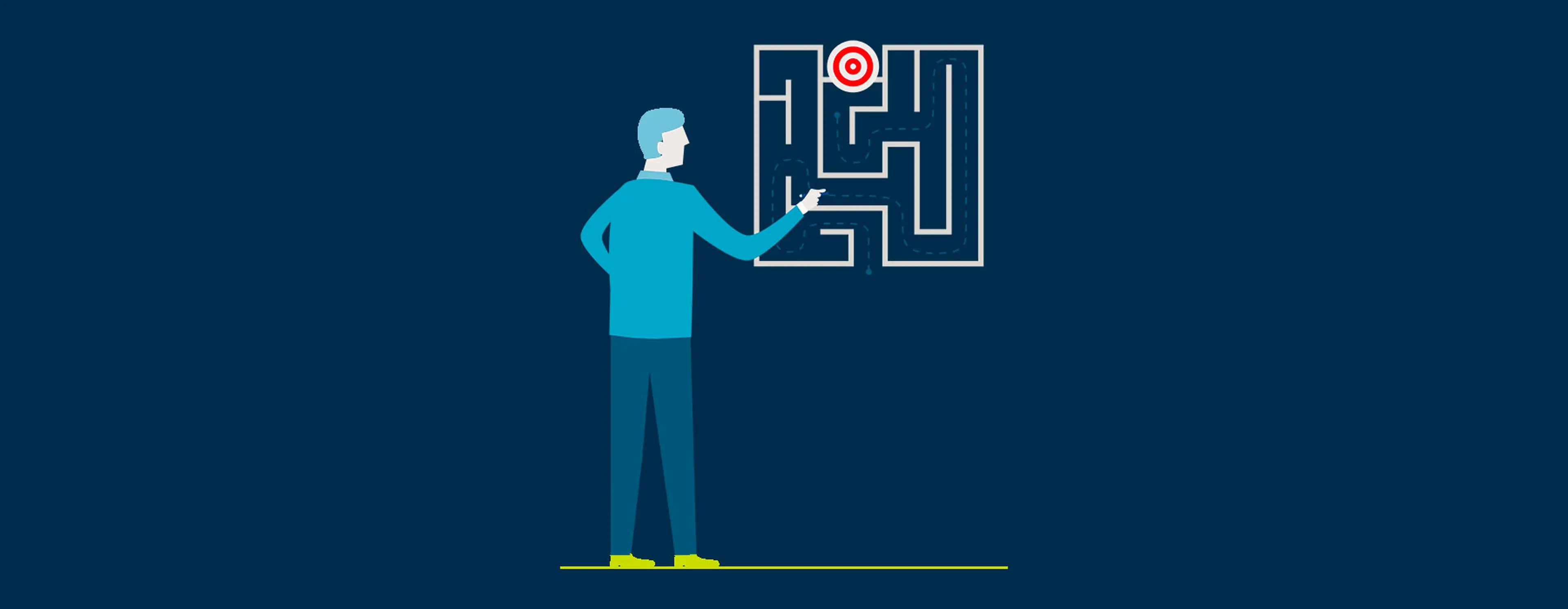 A person in blue observes a maze with a red target symbol at the end, contemplating the path to reach it.