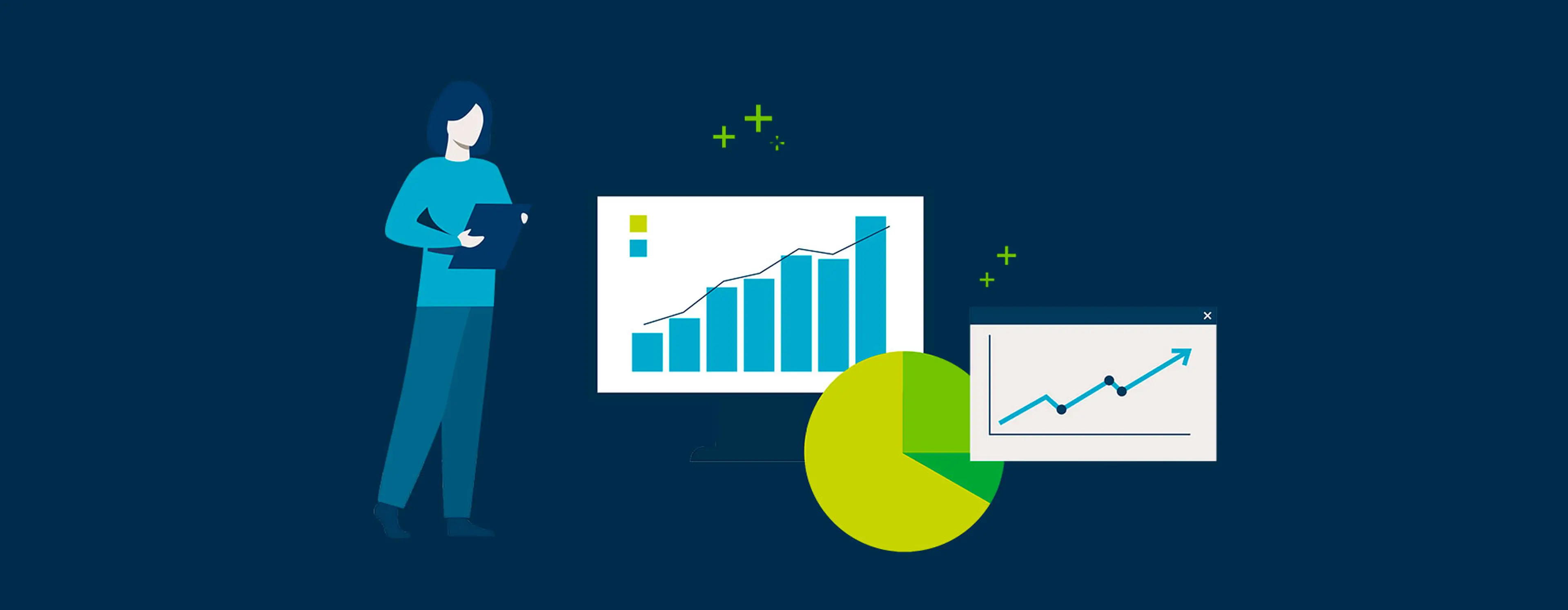 Illustration of a person with a clipboard next to charts and graphs, including a bar chart, pie chart, and line graph, on a blue background.