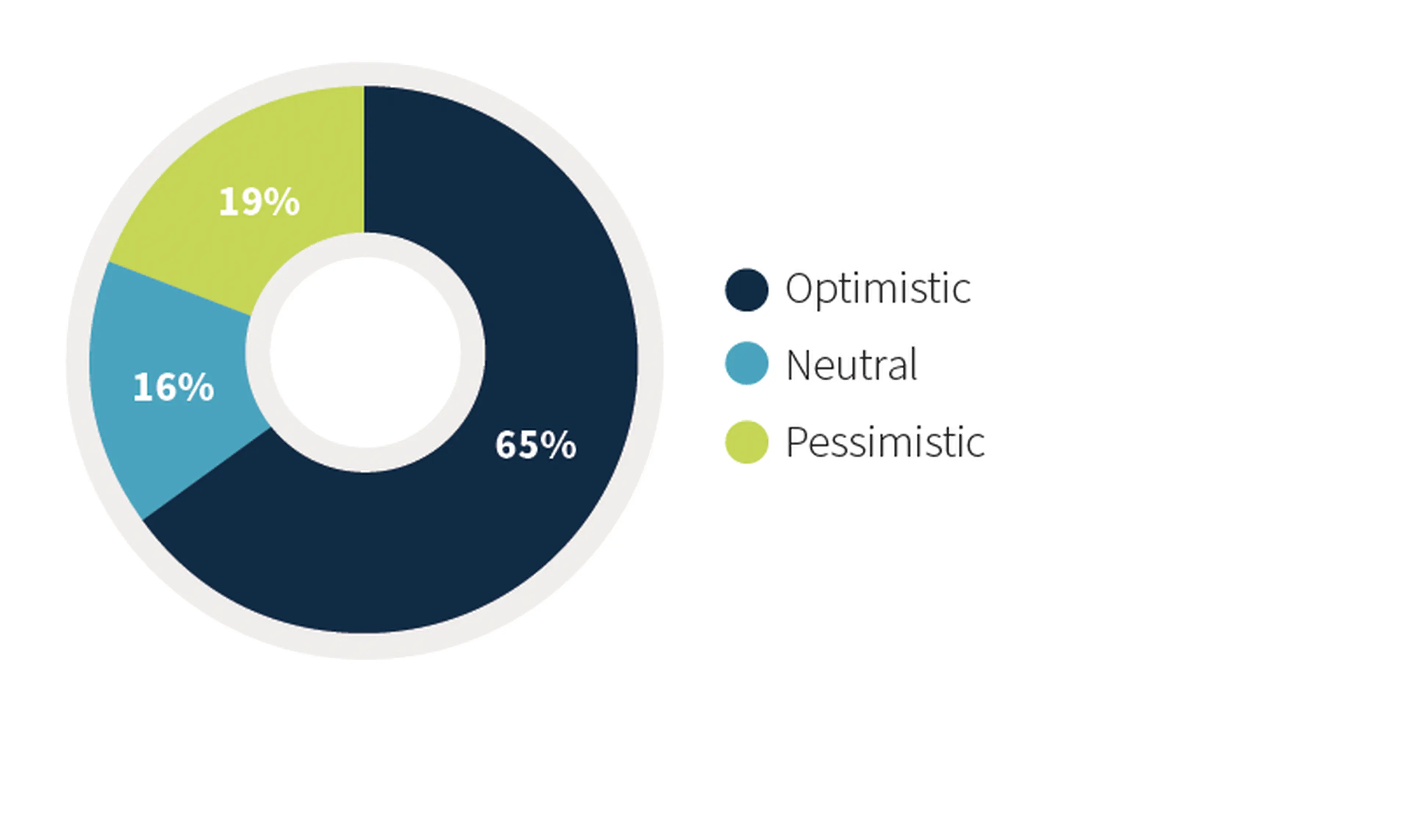 A donut chart shows 65% optimistic, 16% neutral, and 19% pessimistic attitudes, with corresponding colored segments and a legend.